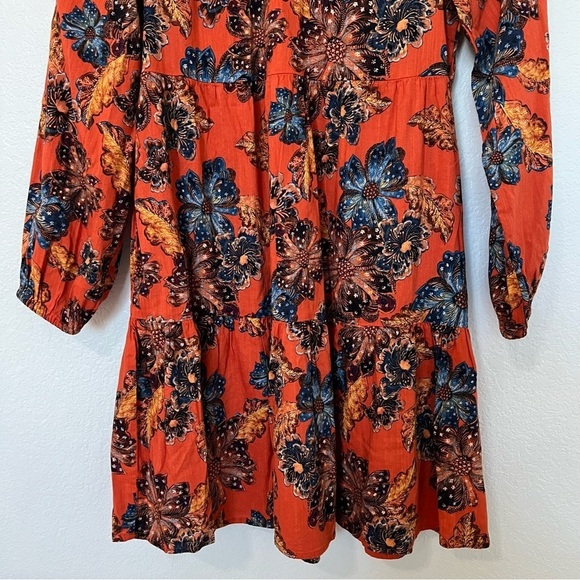 2/$30 Old Navy Tie-Neck Tiered Cotton Mini Floral Swing Dress Orange - Picture 3 of 15